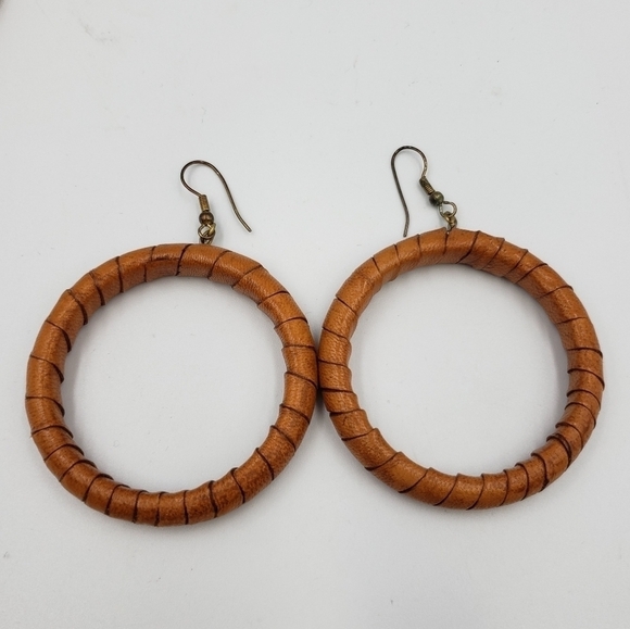 Earrings and Bracelet Rattan Faux Wood Wrapped Hoops Earthy Boho Hippie - Picture 4 of 11